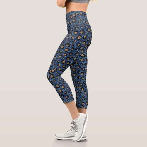 Elegant Blue Glitter Black Gold Leopard Print Capri Leggings