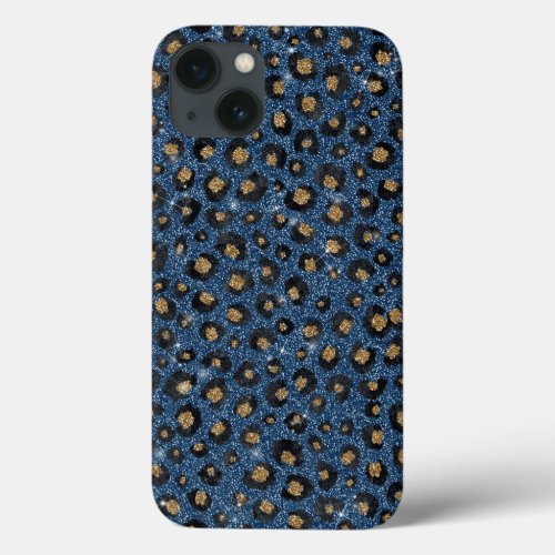 Elegant Blue Glitter Black Gold Leopard Print iPhone 13 Case