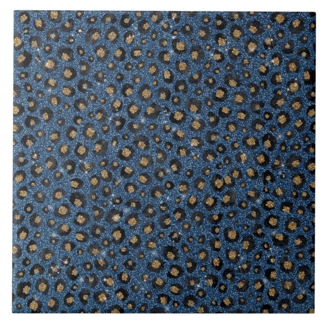 Elegant Blue Glitter Black Gold Leopard Print Ceramic Tile (Front)