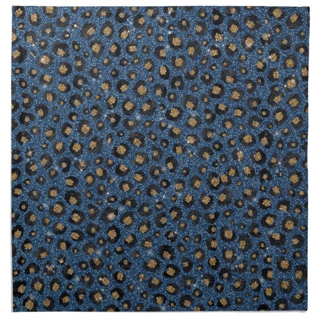 Elegant Blue Glitter Black Gold Leopard Print Cloth Napkin (Front)