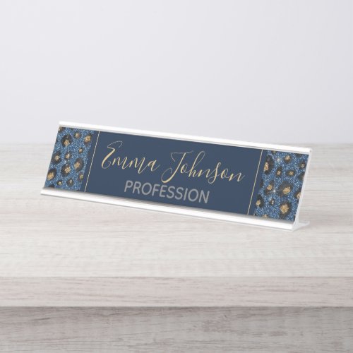 Elegant Blue Glitter Black Gold Leopard Print Desk Name Plate