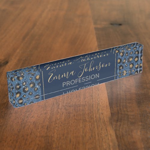 Elegant Blue Glitter Black Gold Leopard Print Desk Name Plate