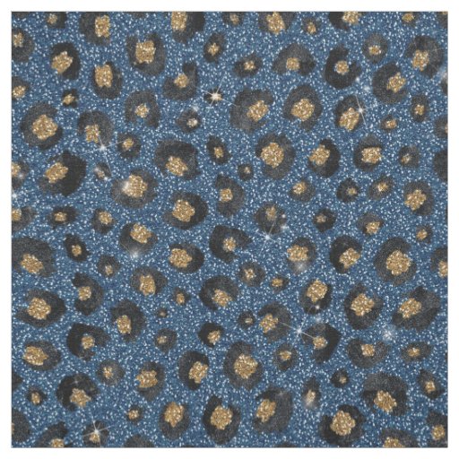 Elegant Blue Glitter Black Gold Leopard Print Fabric