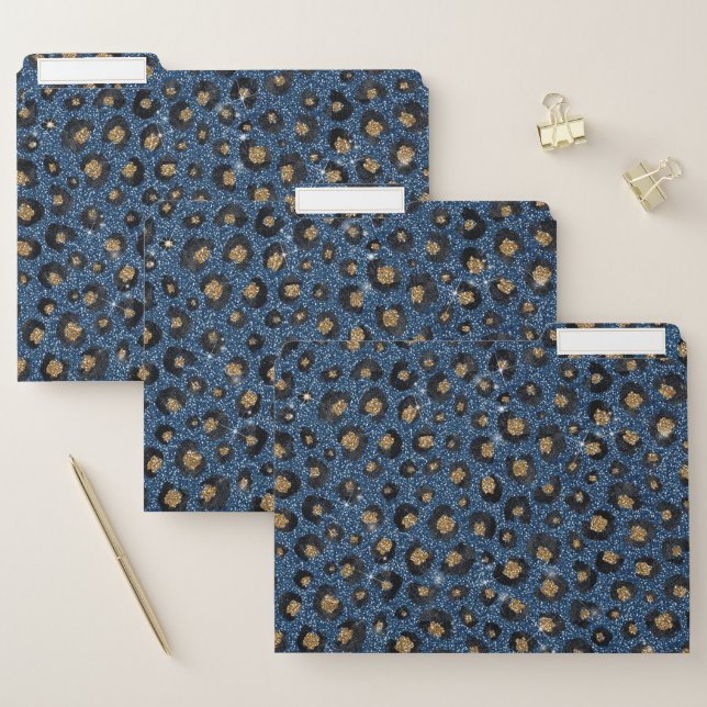 Elegant Blue Glitter Black Gold Leopard Print File Folder (Set)