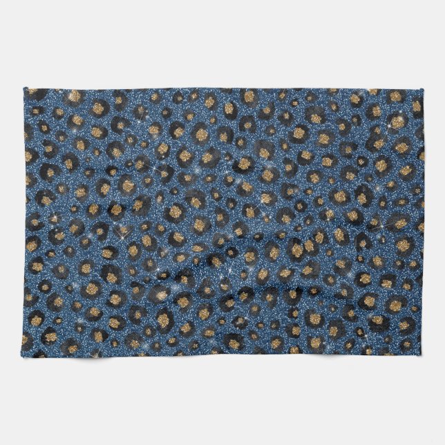 Elegant Blue Glitter Black Gold Leopard Print Kitchen Towel (Horizontal)