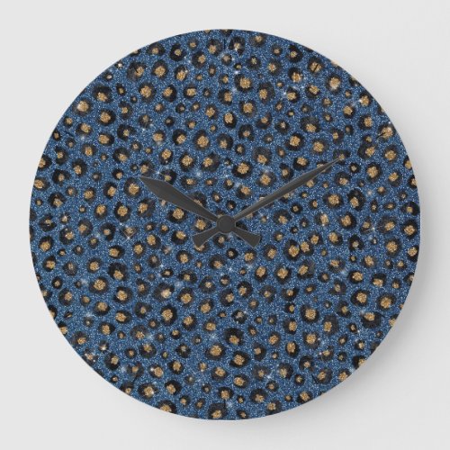 Elegant Blue Glitter Black Gold Leopard Print Large Clock