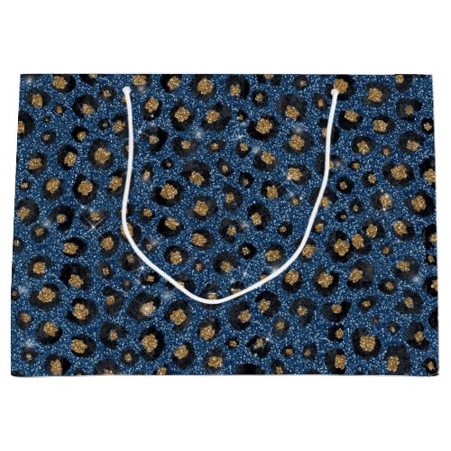 Elegant Blue Glitter Black Gold Leopard Print Large Gift Bag