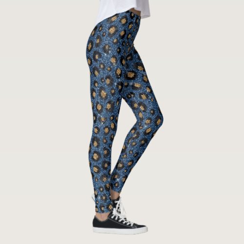 Elegant Blue Glitter Black Gold Leopard Print Leggings