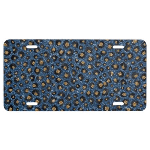 Elegant Blue Glitter Black Gold Leopard Print License Plate