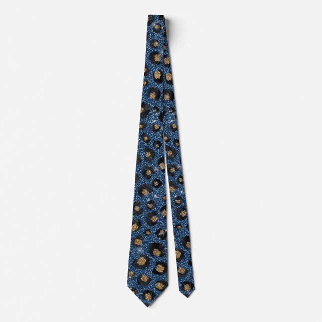 Elegant Blue Glitter Black Gold Leopard Print Neck Tie (Front)