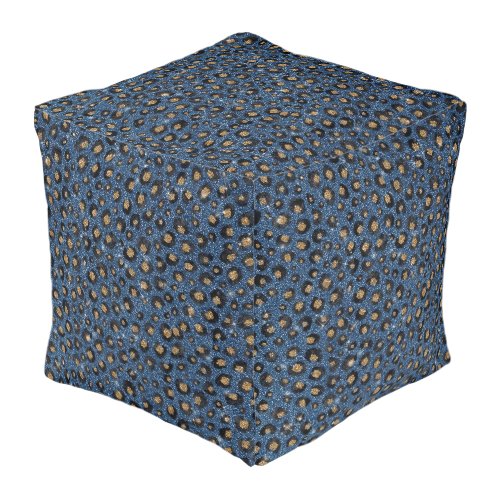 Elegant Blue Glitter Black Gold Leopard Print Pouf