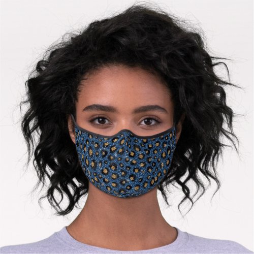 Elegant Blue Glitter Black Gold Leopard Print Premium Face Mask