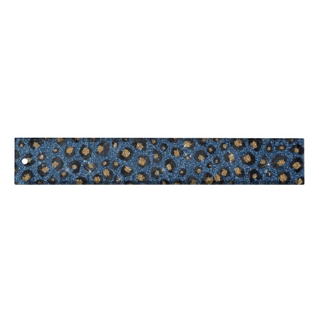 Elegant Blue Glitter Black Gold Leopard Print Ruler (Front)