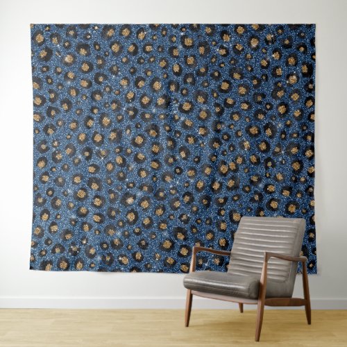 Elegant Blue Glitter Black Gold Leopard Print Tapestry