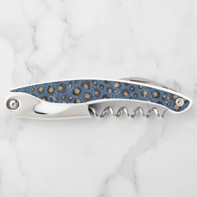 Elegant Blue Glitter Black Gold Leopard Print Waiter's Corkscrew (Front)