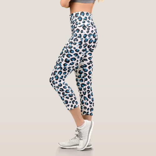 Elegant Blue Glitter Black Leopard Animal Print Capri Leggings