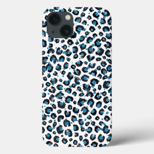 Elegant Blue Glitter Black Leopard Animal Print iPhone 13 Case