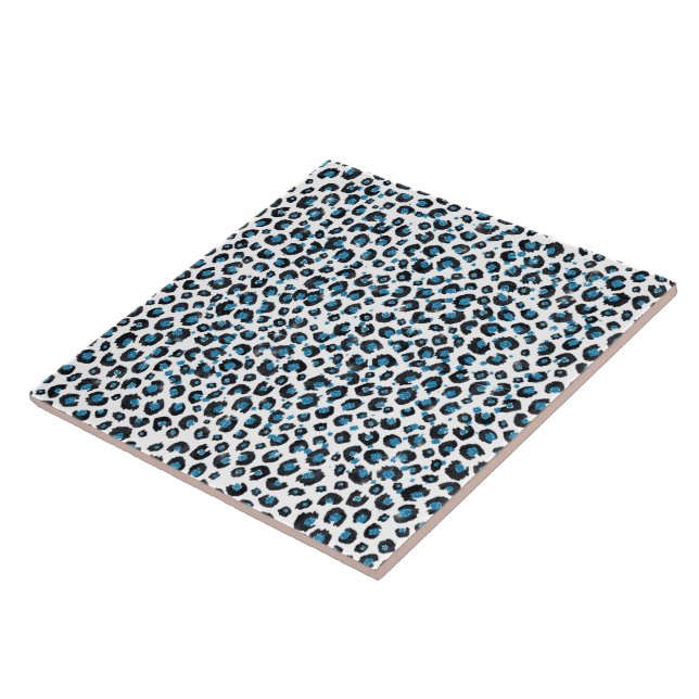 Elegant Blue Glitter Black Leopard Animal Print Ceramic Tile (Side)