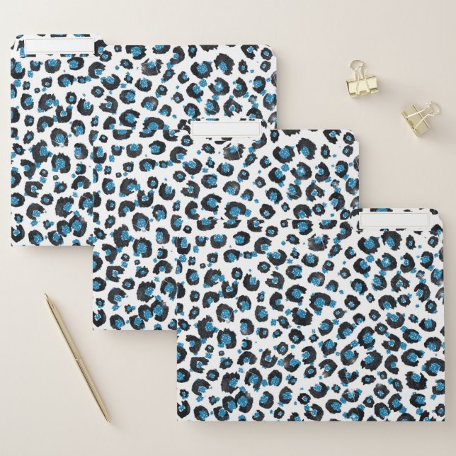 Elegant Blue Glitter Black Leopard Animal Print File Folder (Set)