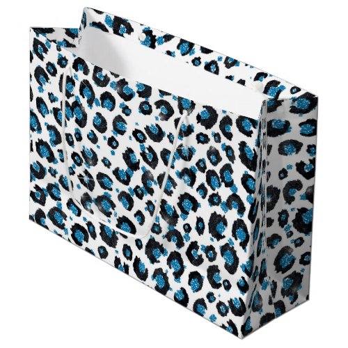 Elegant Blue Glitter Black Leopard Animal Print Large Gift Bag