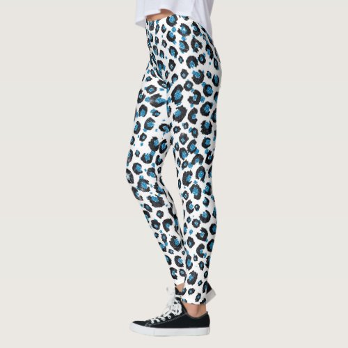 Elegant Blue Glitter Black Leopard Animal Print Leggings