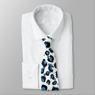 Elegant Blue Glitter Black Leopard Animal Print Neck Tie