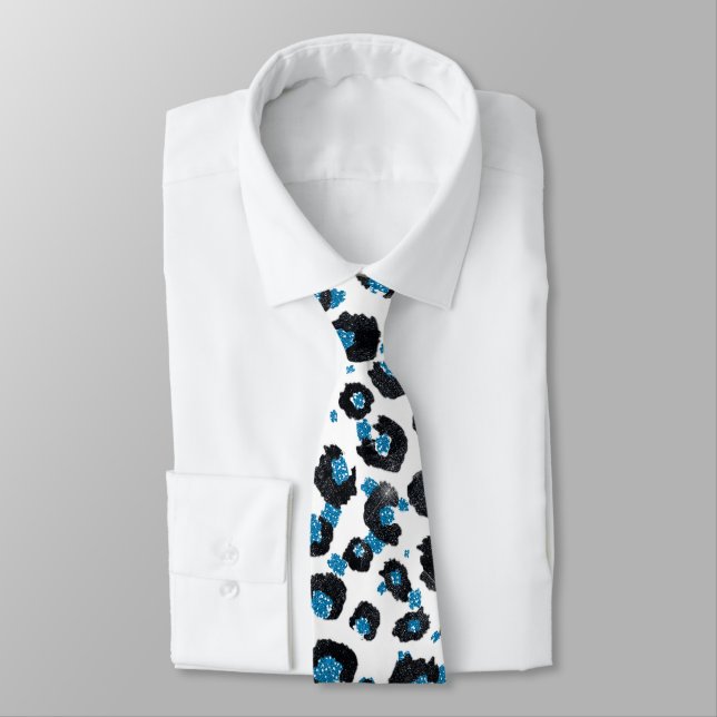 Elegant Blue Glitter Black Leopard Animal Print Neck Tie (Tied)