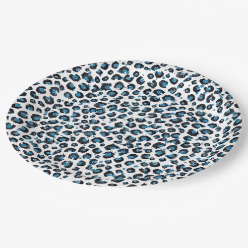 Elegant Blue Glitter Black Leopard Animal Print Paper Plates