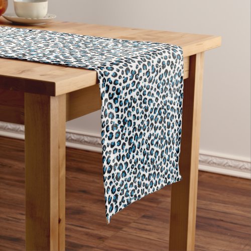 Elegant Blue Glitter Black Leopard Animal Print Short Table Runner