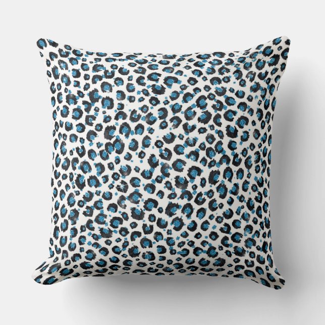 Elegant Blue Glitter Black Leopard Animal Print Throw Pillow (Front)