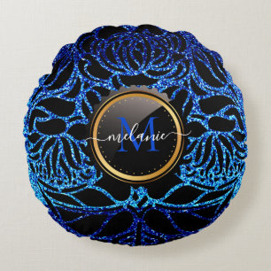 Elegant Blue Glitter Black Zebra Animal Print   Round Pillow