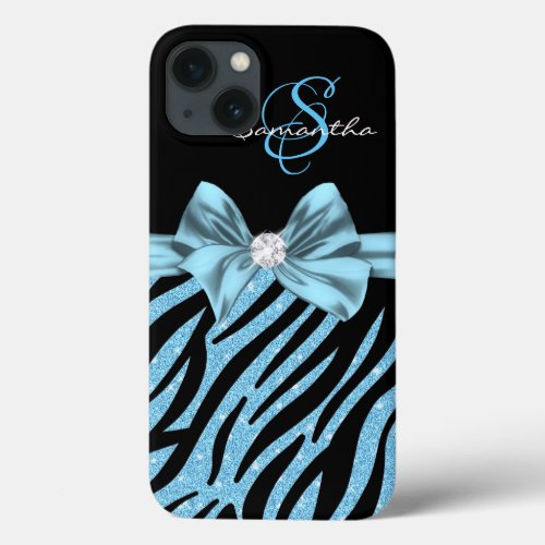 Elegant Blue Glitter Black Zebra Stripes Monogram iPhone 13 Case