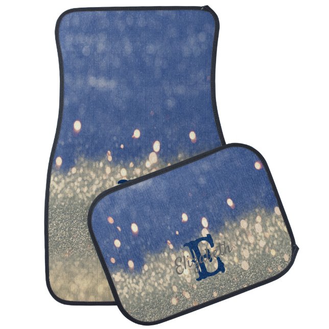 Elegant Blue Glitter Bokeh Monogram Car Floor Mat (Set)