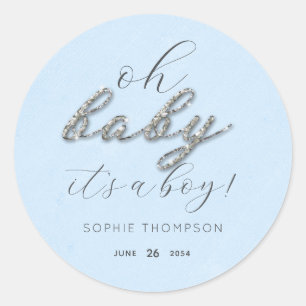 Elegant Blue Glitter Boy Baby Shower Thank You Classic Round Sticker