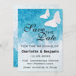 Elegant Blue Glitter Butterfly Save The Date