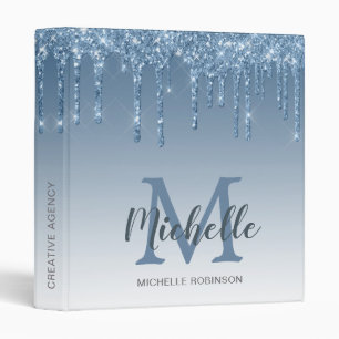 Elegant Blue Glitter Drips Monogrammed 3 Ring Bind Binder