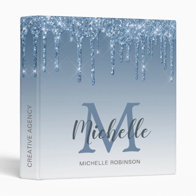 Elegant Blue Glitter Drips Monogrammed 3 Ring Bind Binder (Front/Spine)