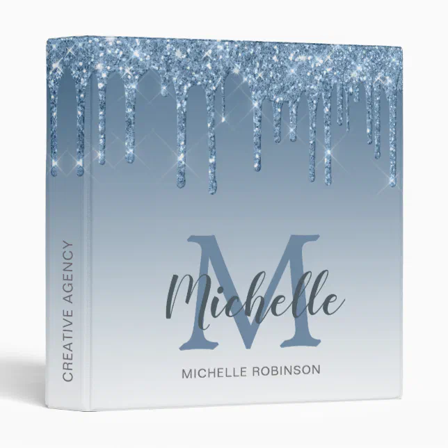Elegant Blue Glitter Drips Monogrammed 3 Ring Bind Binder | Zazzle