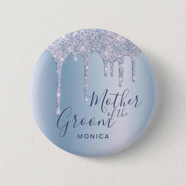 Elegant blue glitter drips mother of the groom button (Front)
