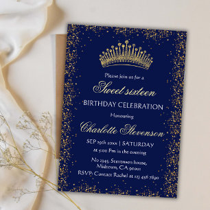 Elegant blue Glitter Gold Crown Sweet 16 Birthday Invitation