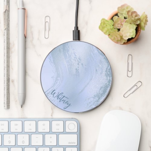 Elegant Blue Glitter Marble Personalized  Wireless Charger