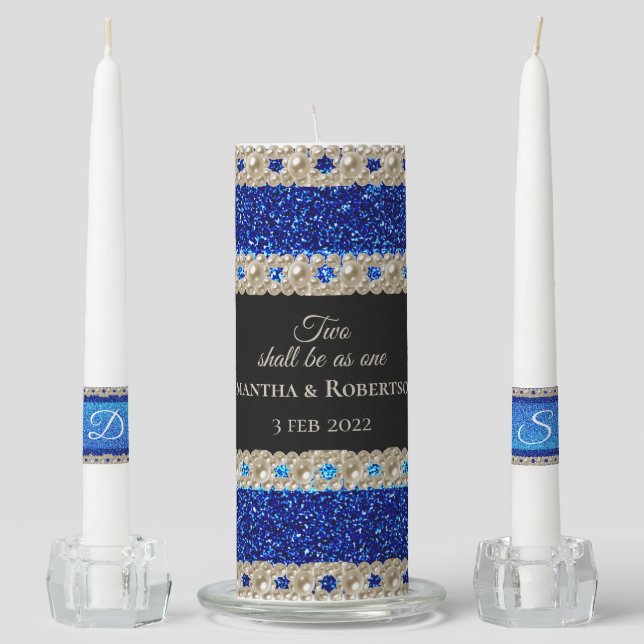 Elegant Blue Glitter Monogram Wedding   Unity Candle Set (Front)