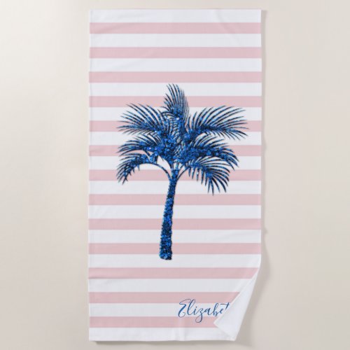 Elegant Blue Glitter Palm Pink Stripes Beach Towel