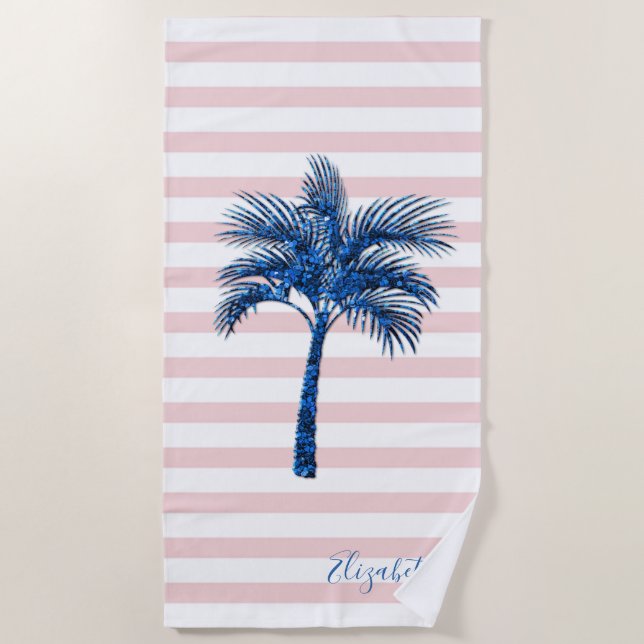 Elegant Blue Glitter Palm Pink Stripes Beach Towel (Front)