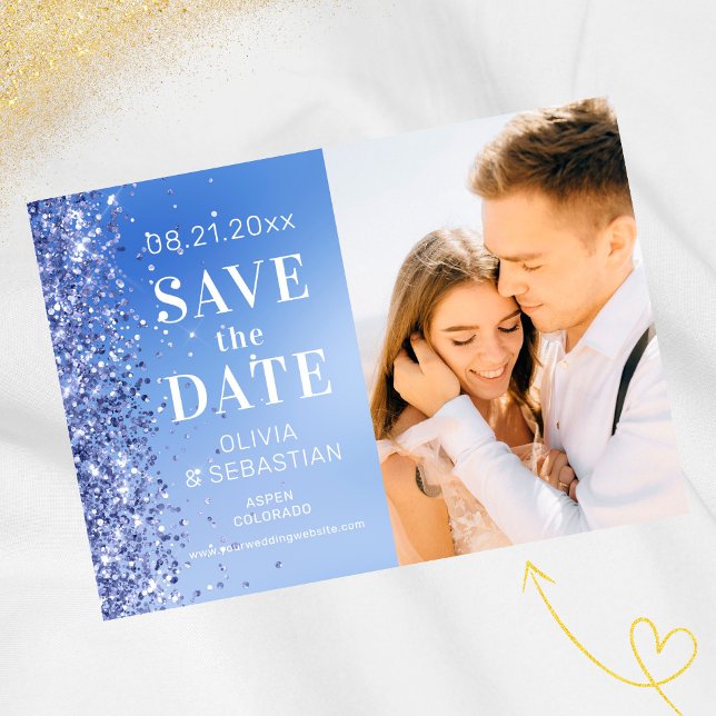 Elegant Blue Glitter Photo Wedding Save The Date (Creator Uploaded)