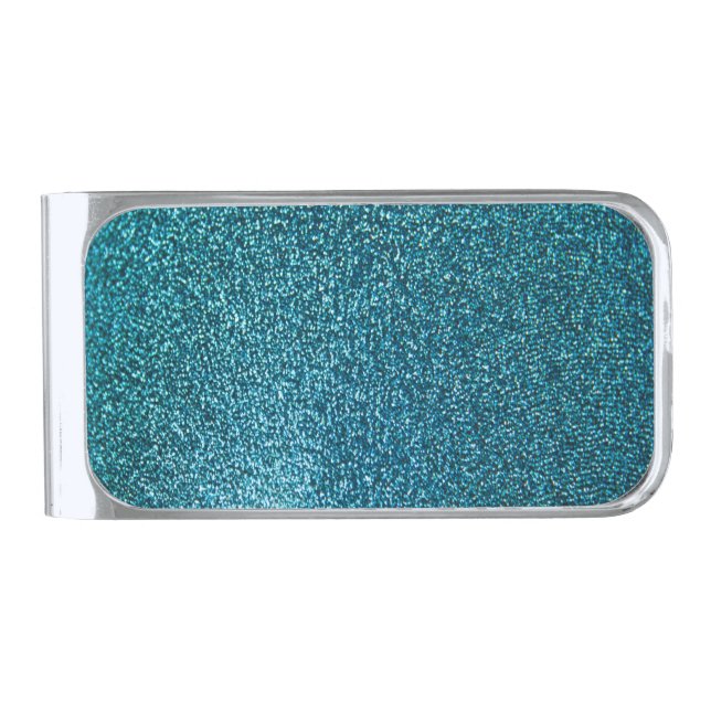 Elegant blue glitter silver finish money clip (Front)
