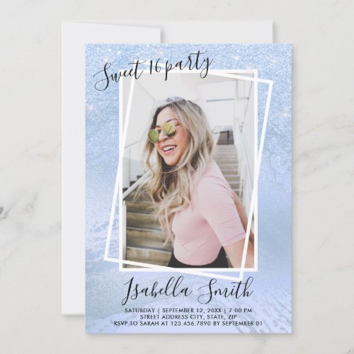 Elegant blue glitter sweet sixteen birthday party invitation