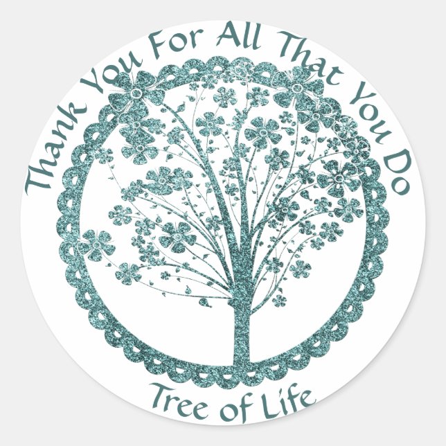 Elegant Blue Glitter Tree of Life Yoga Thank You Classic Round Sticker (Front)