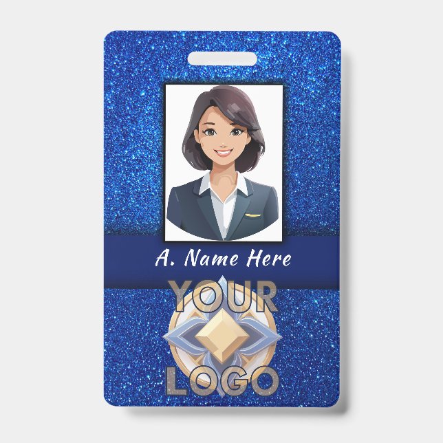 Elegant Blue Glitter Wedding Event Staff ID Name  Badge (Front)