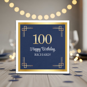 Elegant Blue Gold 100th Birthday Party Napkins